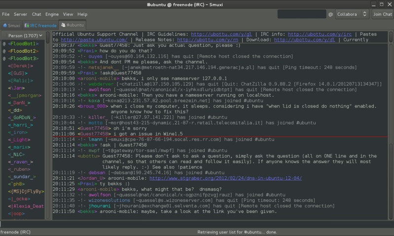 Screenshot of Smuxi 0.8.10 in action